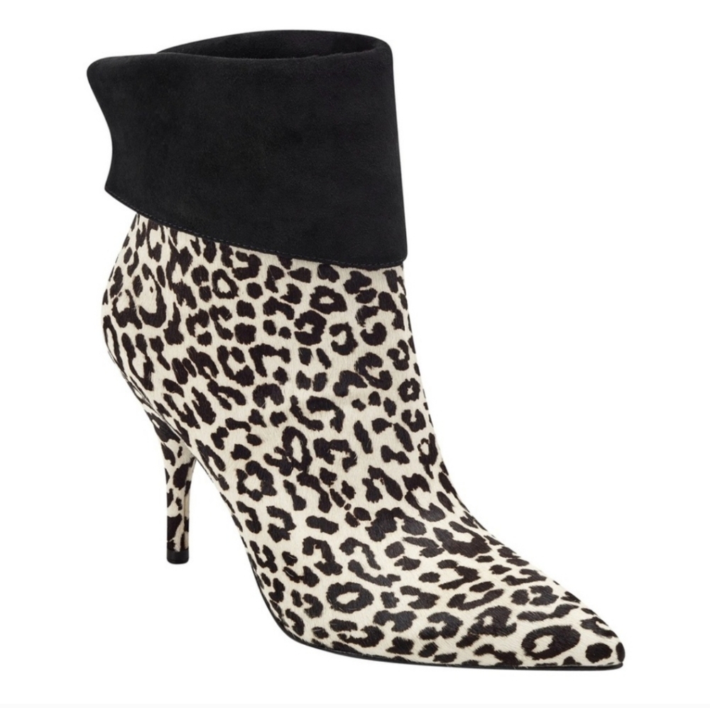 Marc Fisher Fifily Pointed Calf Hair Booties Leopard Print Leather Fur Designer